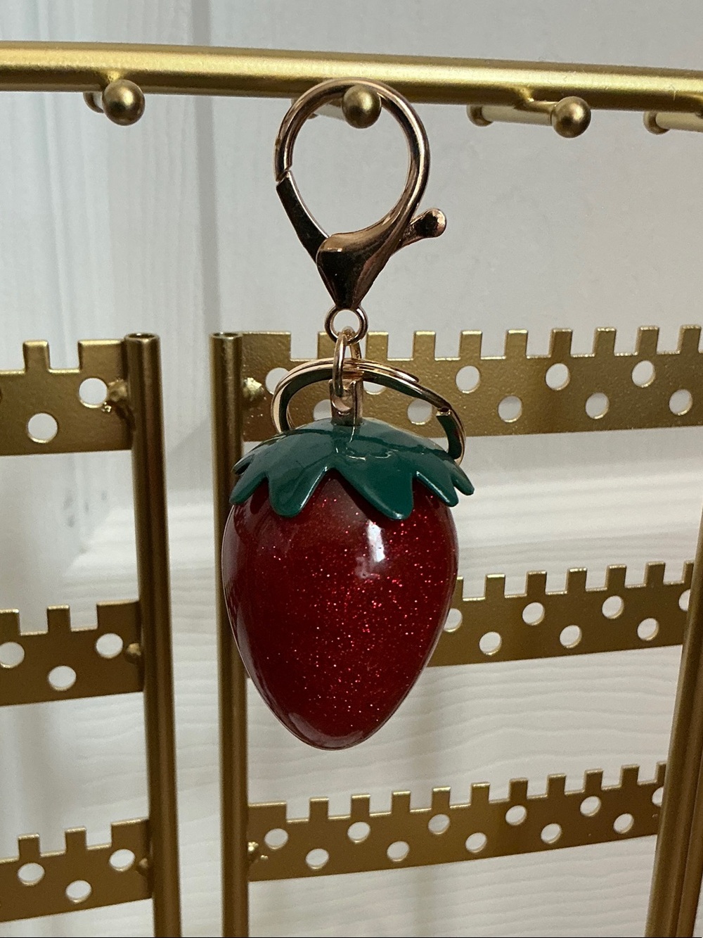 Glitter Strawberry Charm Keychain - Red & Green